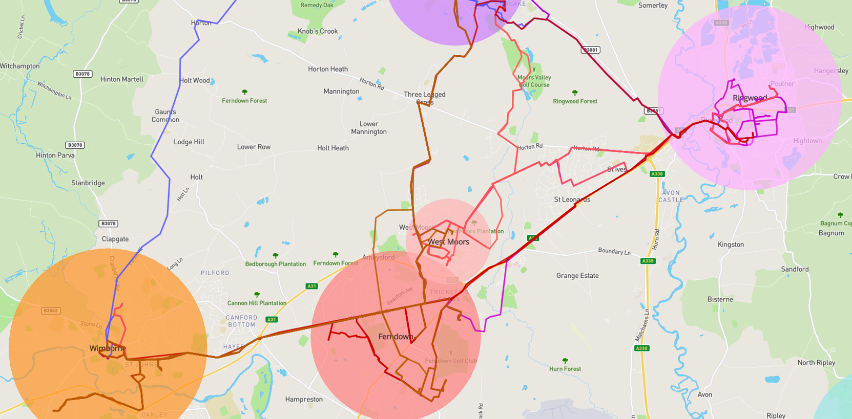 Without Runwiz — scattered, unoptimised routes